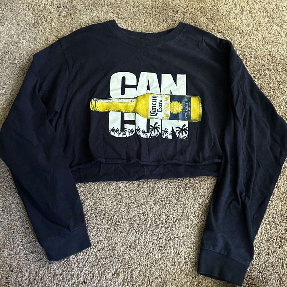 Corona Extra Cancun Cropped Long Sleeve T Shirt Raw Hem Graphic Navy Size M